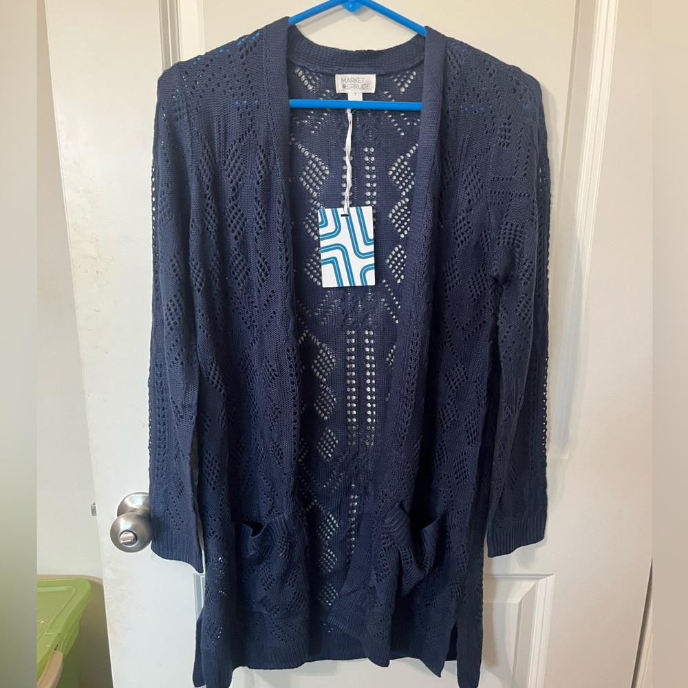 Market and Spruce Navy Blue open weave lightweight cardigan sweater NWT small
